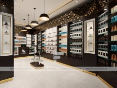 Dark Perfume Wall Display With Pendant Lighting