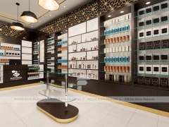 Dark Perfume Wall Display With Pendant Lighting