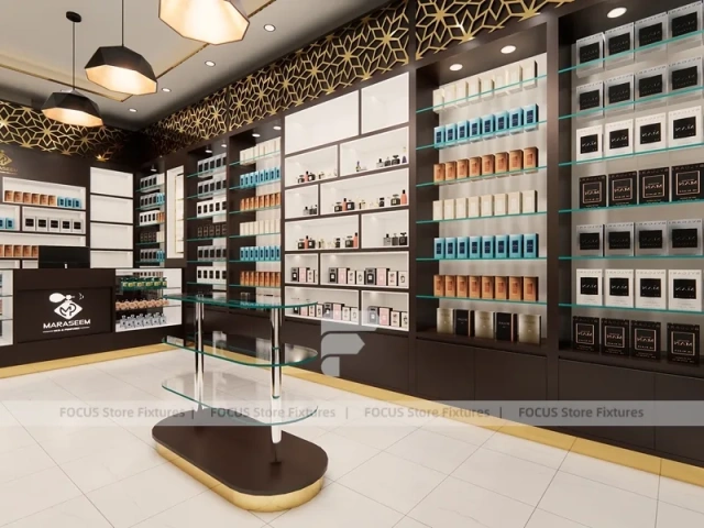 Dark Perfume Wall Display With Pendant Lighting