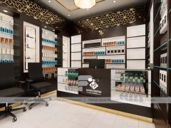 Dark Perfume Wall Display With Pendant Lighting