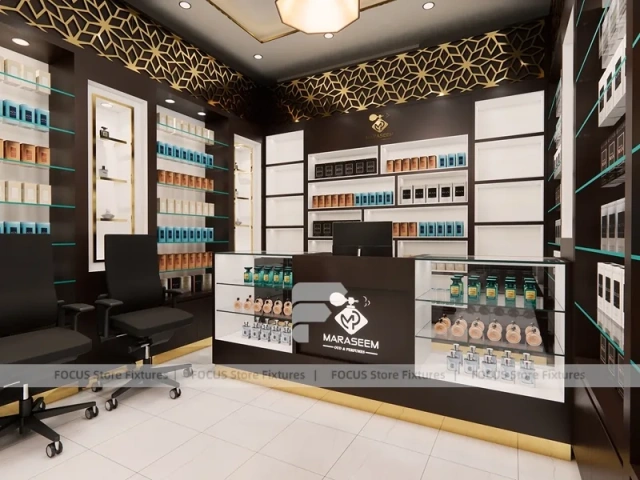 Dark Perfume Wall Display With Pendant Lighting