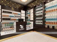 Dark Perfume Wall Display With Pendant Lighting