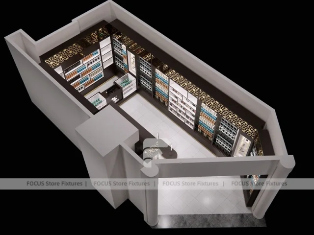 Dark Perfume Wall Display With Pendant Lighting