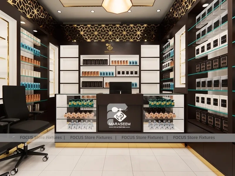 Dark Perfume Wall Display With Pendant Lighting