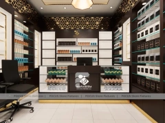 Dark Perfume Wall Display With Pendant Lighting