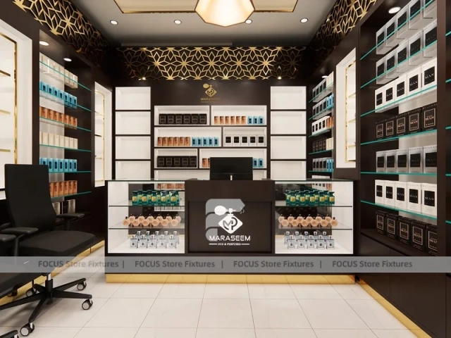 Dark Perfume Wall Display With Pendant Lighting