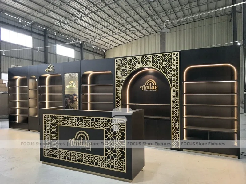 Dark Perfume Wall Shelving With Gold Arch Frames