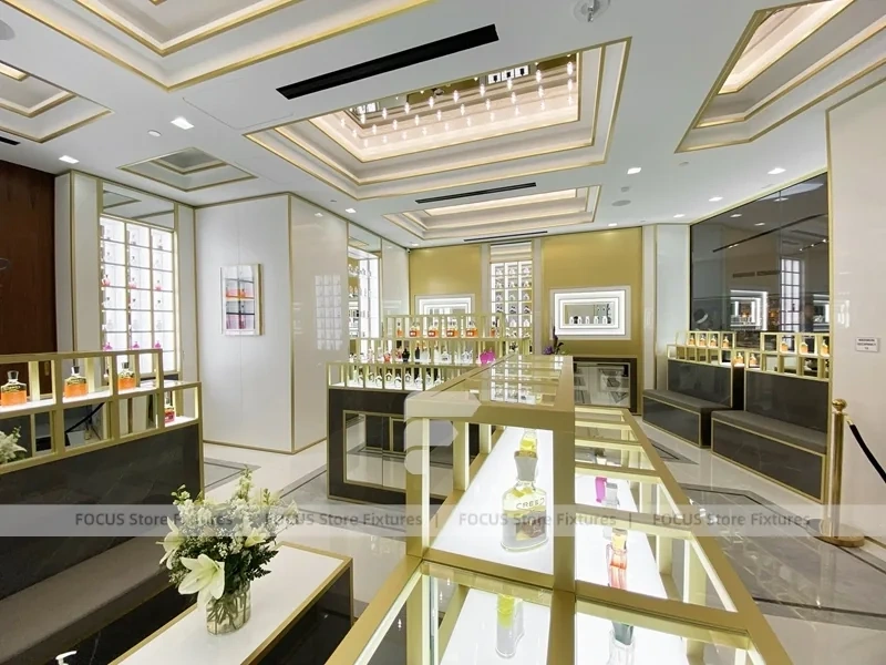 Elegant Cream Perfume Boutique With Illuminated Cabinets