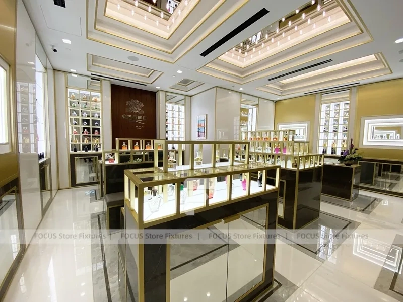Elegant Cream Perfume Boutique With Illuminated Cabinets