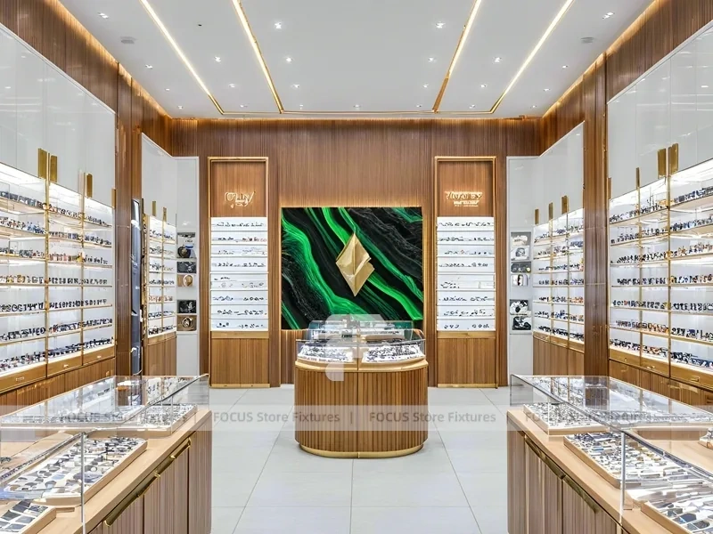 Elegant Woodgrain Eyewear Showroom with Boutique Browsing Aisle