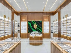 Elegant Woodgrain Eyewear Showroom with Boutique Browsing Aisle