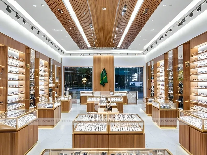 Elegant Woodgrain Eyewear Showroom with Boutique Browsing Aisle