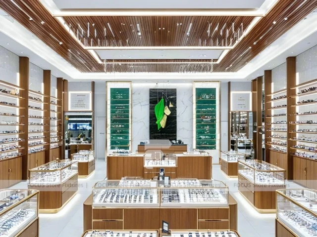 Elegant Woodgrain Eyewear Showroom with Boutique Browsing Aisle