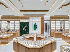Elegant Woodgrain Eyewear Showroom with Boutique Browsing Aisle