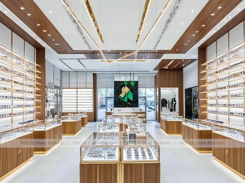 Elegant Woodgrain Eyewear Showroom with Boutique Browsing Aisle