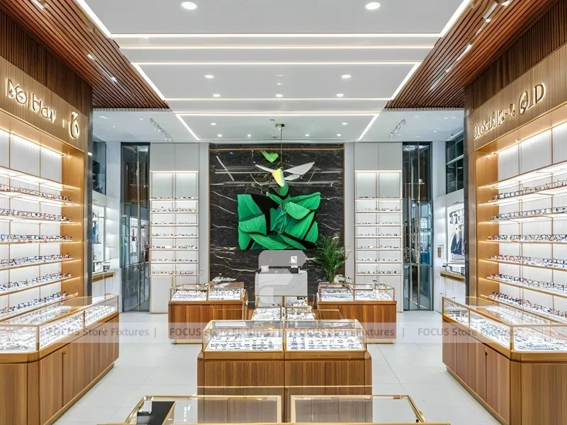 Elegant Woodgrain Eyewear Showroom with Boutique Browsing Aisle