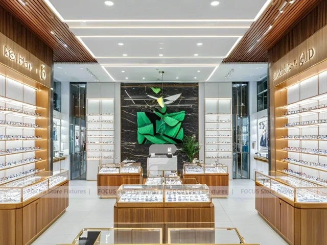Elegant Woodgrain Eyewear Showroom with Boutique Browsing Aisle
