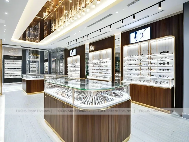 Elegant Woodgrain Vision Store Interior with Boutique Browsing Aisle