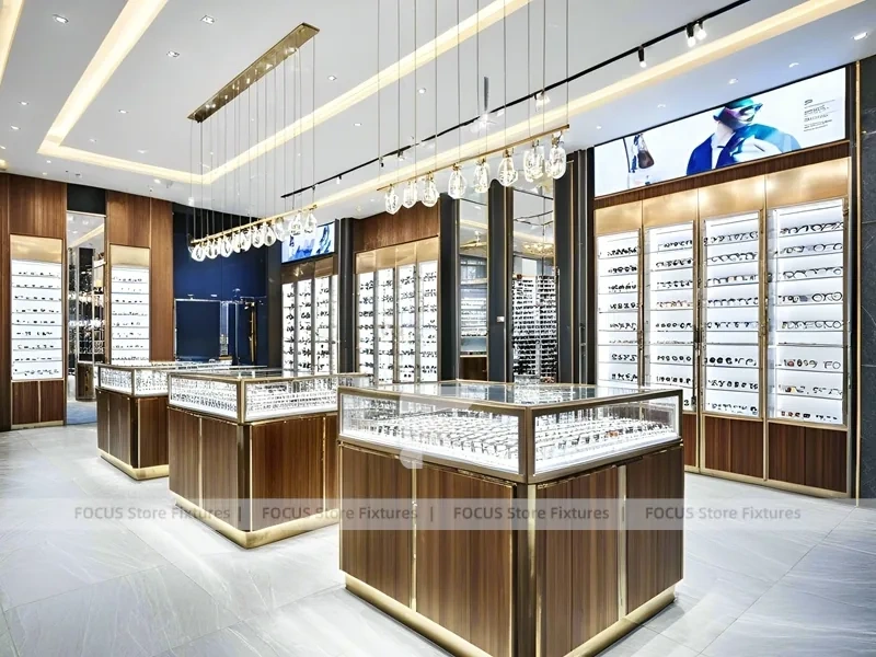 Elegant Woodgrain Vision Store Interior with Boutique Browsing Aisle