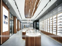 Elegant Woodgrain Vision Store Interior with Boutique Browsing Aisle