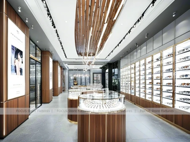 Elegant Woodgrain Vision Store Interior with Boutique Browsing Aisle