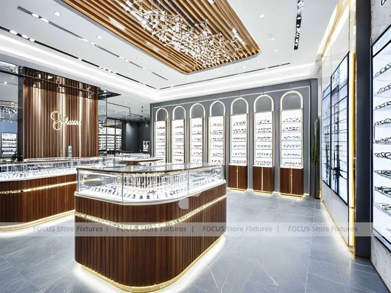 Elegant Woodgrain Vision Store Interior with Boutique Browsing Aisle