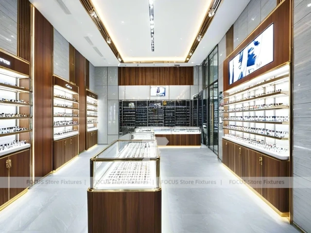 Elegant Woodgrain Vision Store Interior with Boutique Browsing Aisle