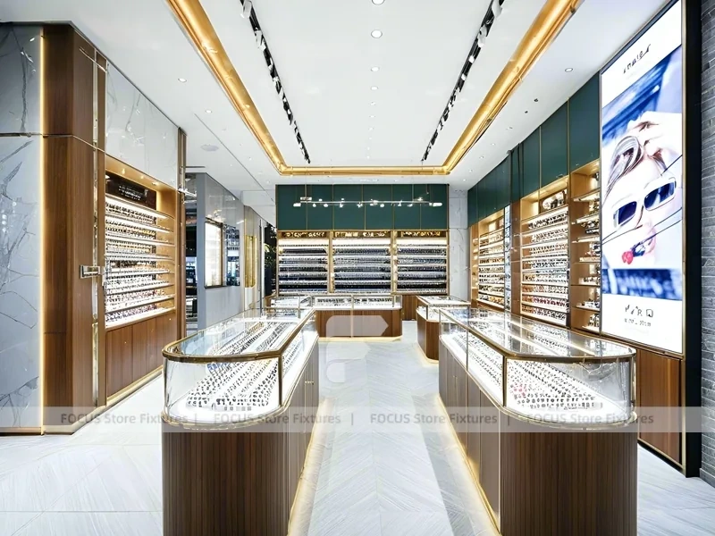 Elegant Woodgrain Vision Store Interior with Boutique Browsing Aisle