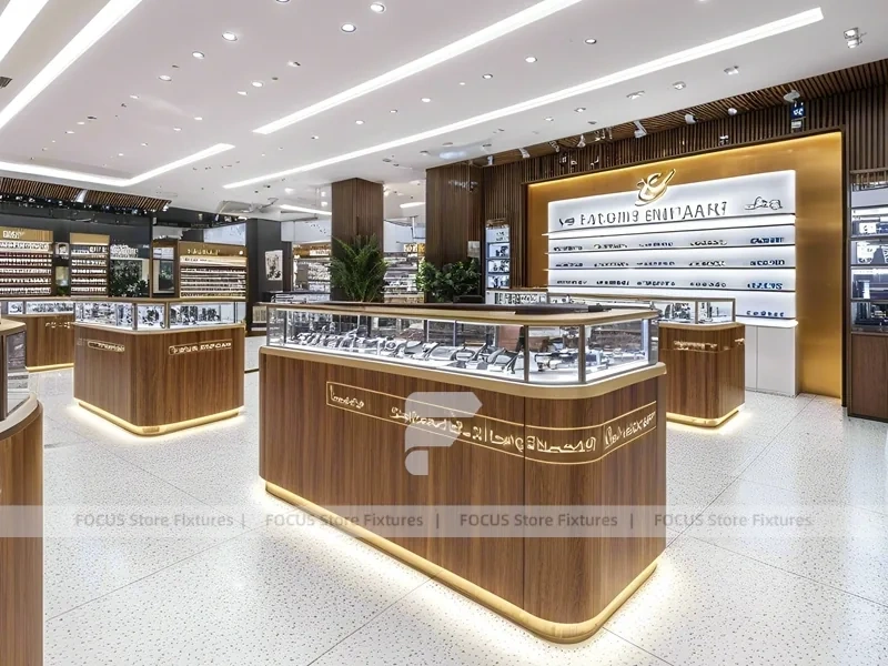 Flagship Walnut Eyewear Retail Gallery with Branded Feature Counter