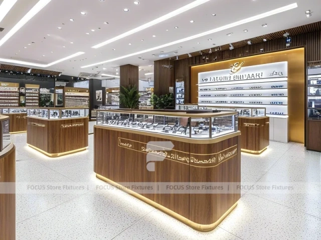 Flagship Walnut Eyewear Retail Gallery with Branded Feature Counter