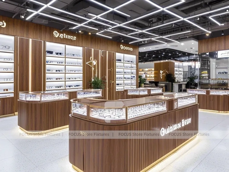 Flagship Walnut Eyewear Retail Gallery with Branded Feature Counter