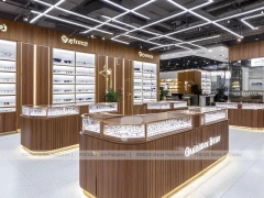 Flagship Walnut Eyewear Retail Gallery with Branded Feature Counter