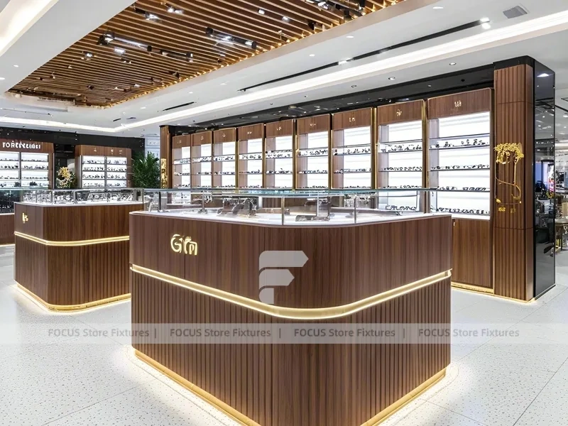 Flagship Walnut Eyewear Retail Gallery with Branded Feature Counter