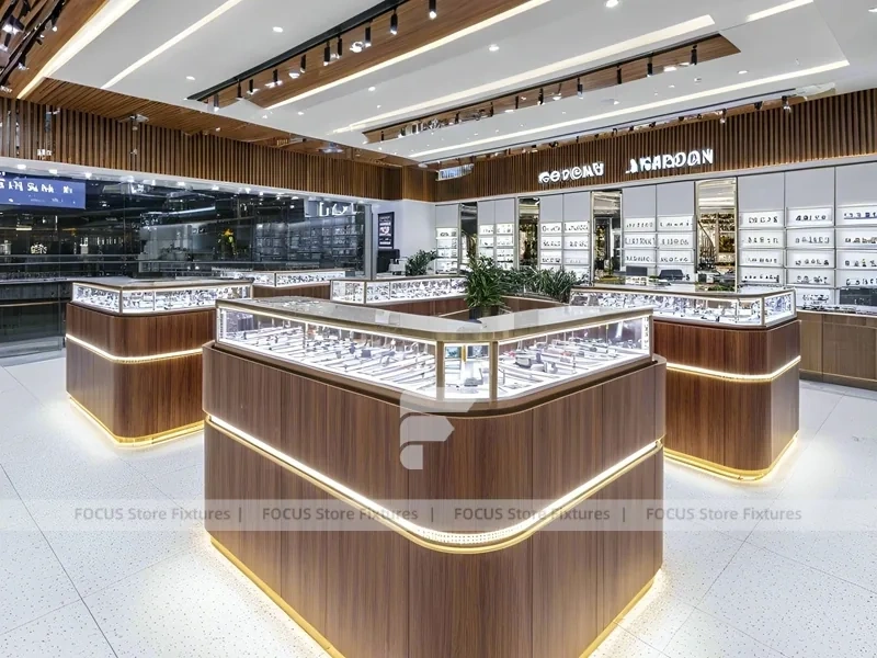 Flagship Walnut Eyewear Retail Gallery with Branded Feature Counter