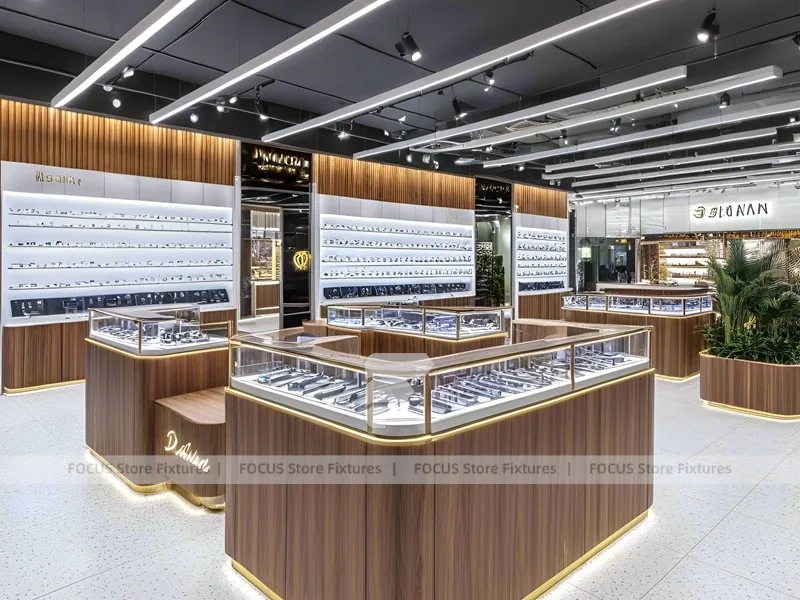 Flagship Walnut Eyewear Retail Gallery with Branded Feature Counter