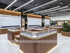 Flagship Walnut Eyewear Retail Gallery with Branded Feature Counter