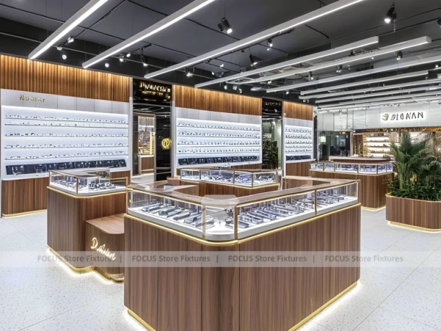 Flagship Walnut Eyewear Retail Gallery with Branded Feature Counter