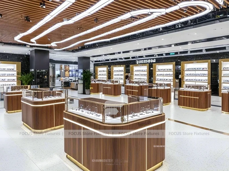 Flagship Walnut Eyewear Retail Gallery with Branded Feature Counter