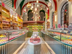 Fresh Mint Candy Lounge Interior with Striped Floor Runway