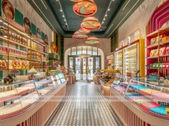 Fresh Mint Candy Lounge Interior with Striped Floor Runway