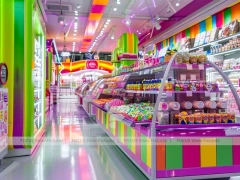 Fresh Mint Candy Store Interior with Center Candy Columns