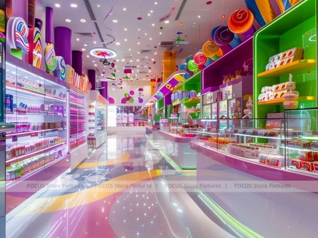 Fresh Mint Candy Store Interior with Center Candy Columns