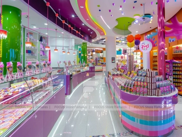 Fresh Mint Candy Store Interior with Center Candy Columns