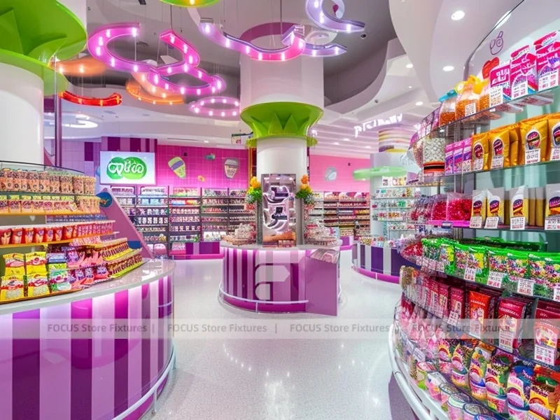 Fresh Mint Candy Store Interior with Center Candy Columns