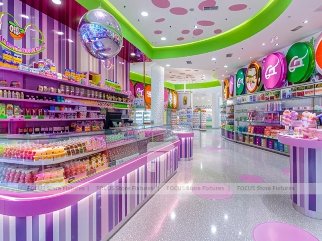 Fresh Mint Candy Store Interior with Center Candy Columns