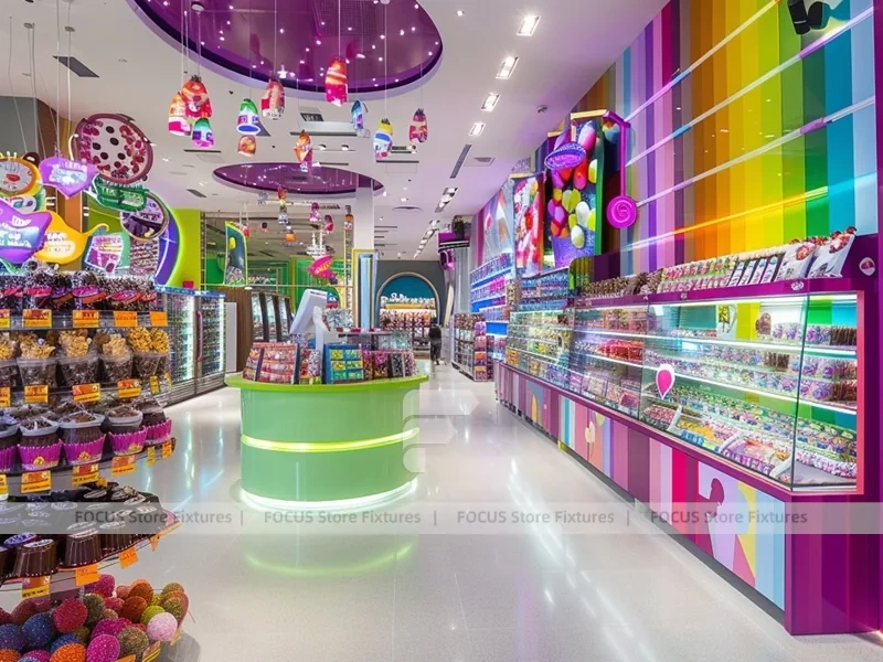 Fresh Mint Sweet Boutique Interior with Curved Candy Islands