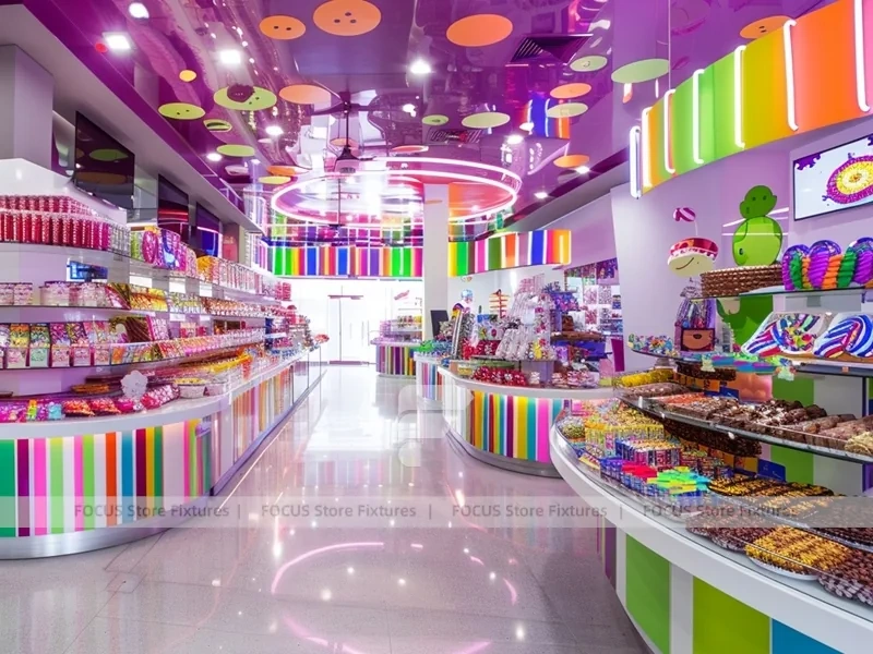 Fresh Mint Sweet Boutique Interior with Curved Candy Islands