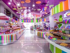 Fresh Mint Sweet Boutique Interior with Curved Candy Islands