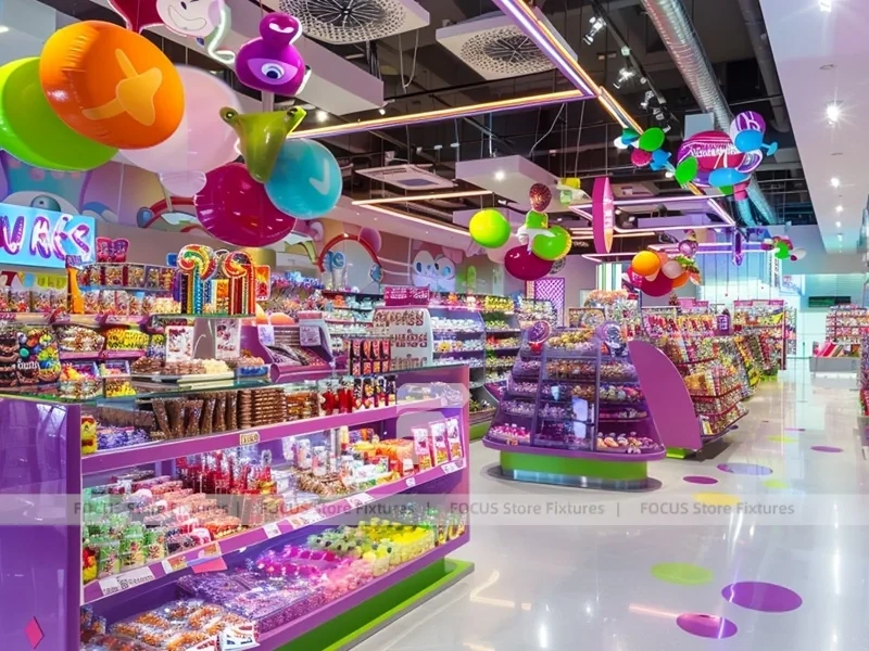 Fresh Mint Sweet Boutique Interior with Curved Candy Islands