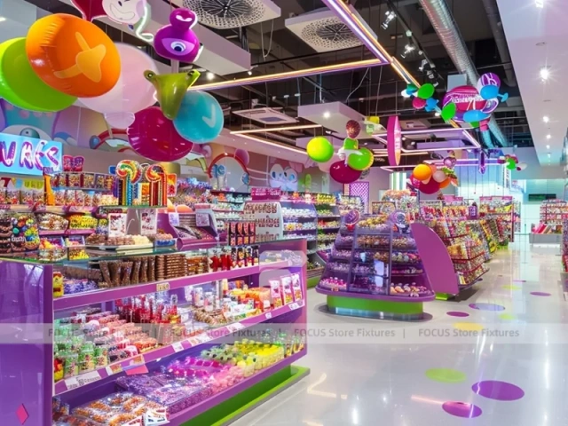 Fresh Mint Sweet Boutique Interior with Curved Candy Islands